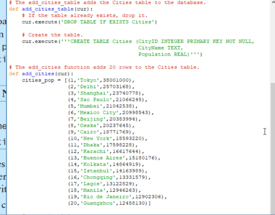 Python code containing city and population database records